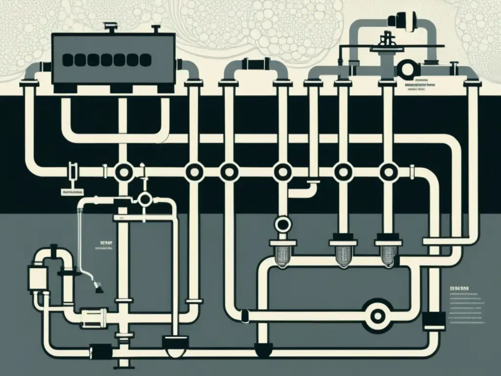 Sistema de tratamiento de aguas grises integrado en diseño arquitectónico vintage, evocando innovación y conciencia ambiental