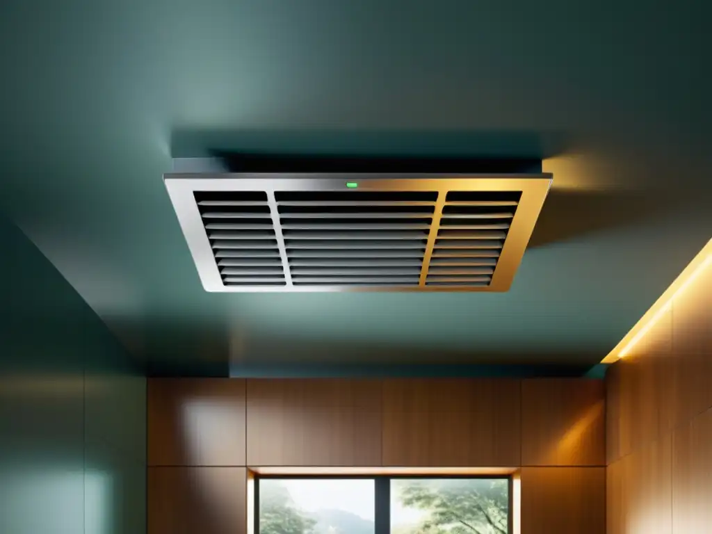 Un sistema de ventilación de diseño vintage integrado en un entorno arquitectónico moderno, con tecnología inteligente y líneas limpias que evocan elegancia atemporal