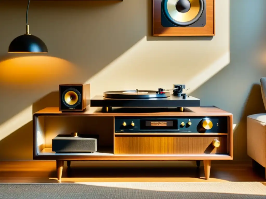 Sistemas de audio highend para living: Vintage audio system en un living iluminado por el sol, con tonos cálidos y nostálgicos