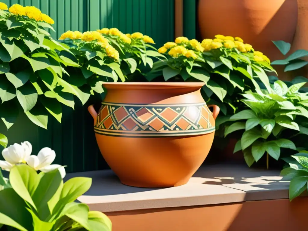 Sistemas de captación de agua de lluvia sostenible en jardín vibrante y tranquilo con maceta de terracota y flores en flor