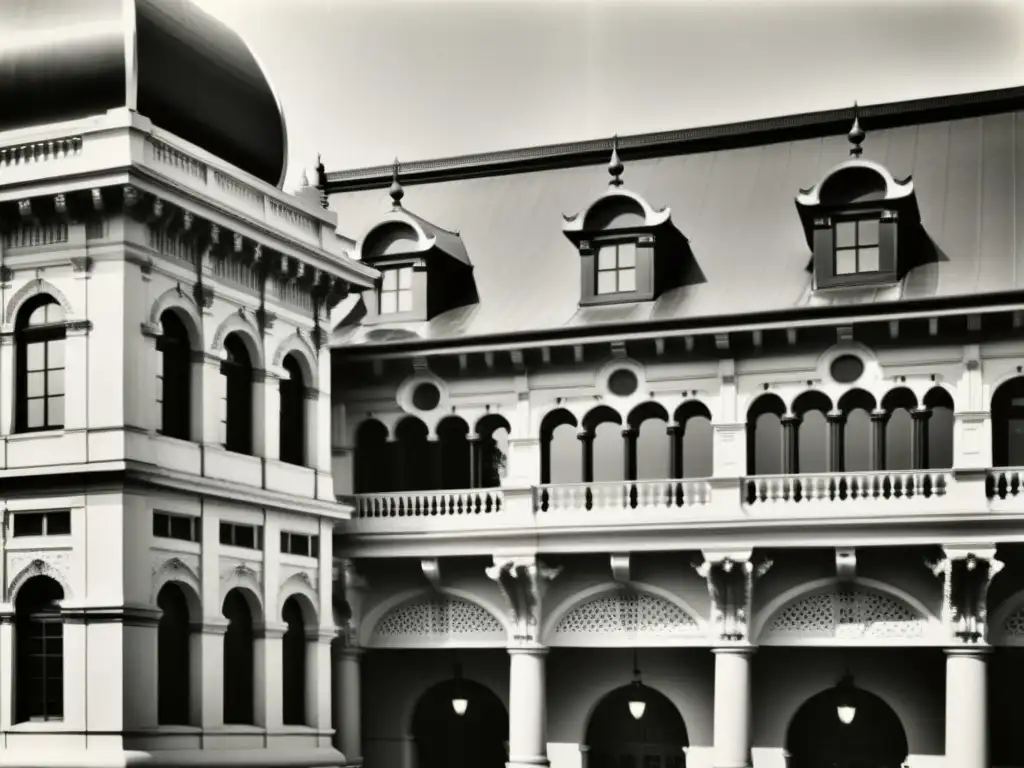 Sistemas de recolección de agua de lluvia integrados en majestuoso edificio histórico en blanco y negro