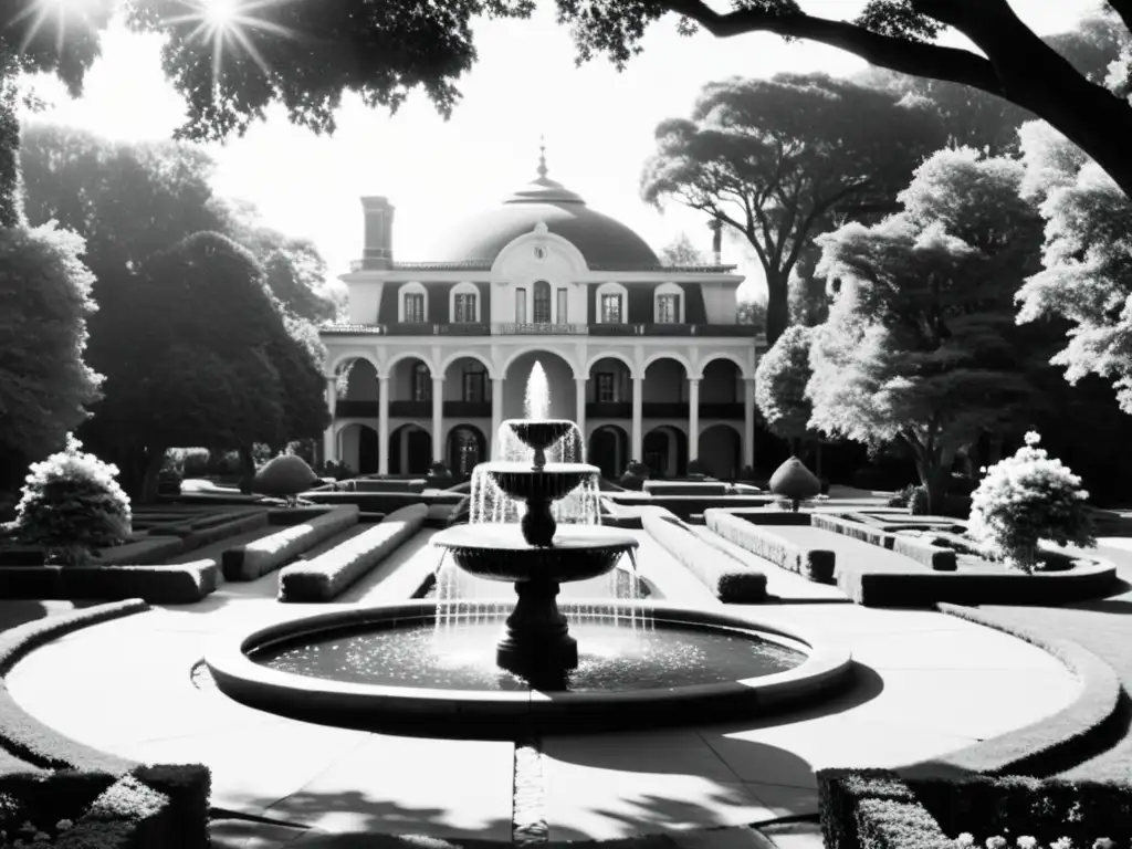 Sistemas de riego inteligente integrados en un jardín histórico con arquitectura majestuosa y exuberante vegetación en blanco y negro