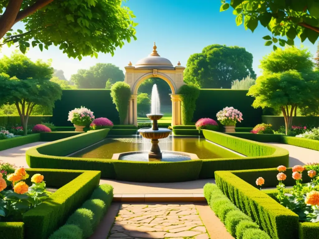 Sistemas de riego inteligente en jardines históricos con diseño intrincado, fuentes ornamentadas y exuberante vegetación en un día soleado