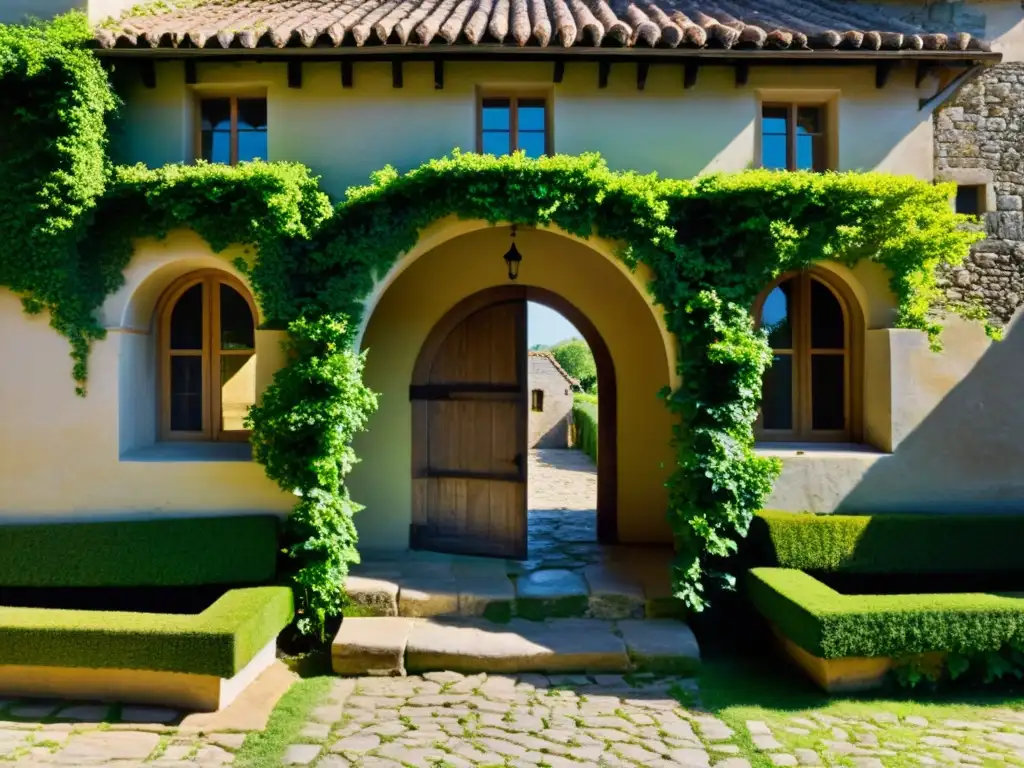 Una fotografía vintage de un sitio histórico con una fachada de piedra envejecida, ventanas arqueadas y un techo de tejas