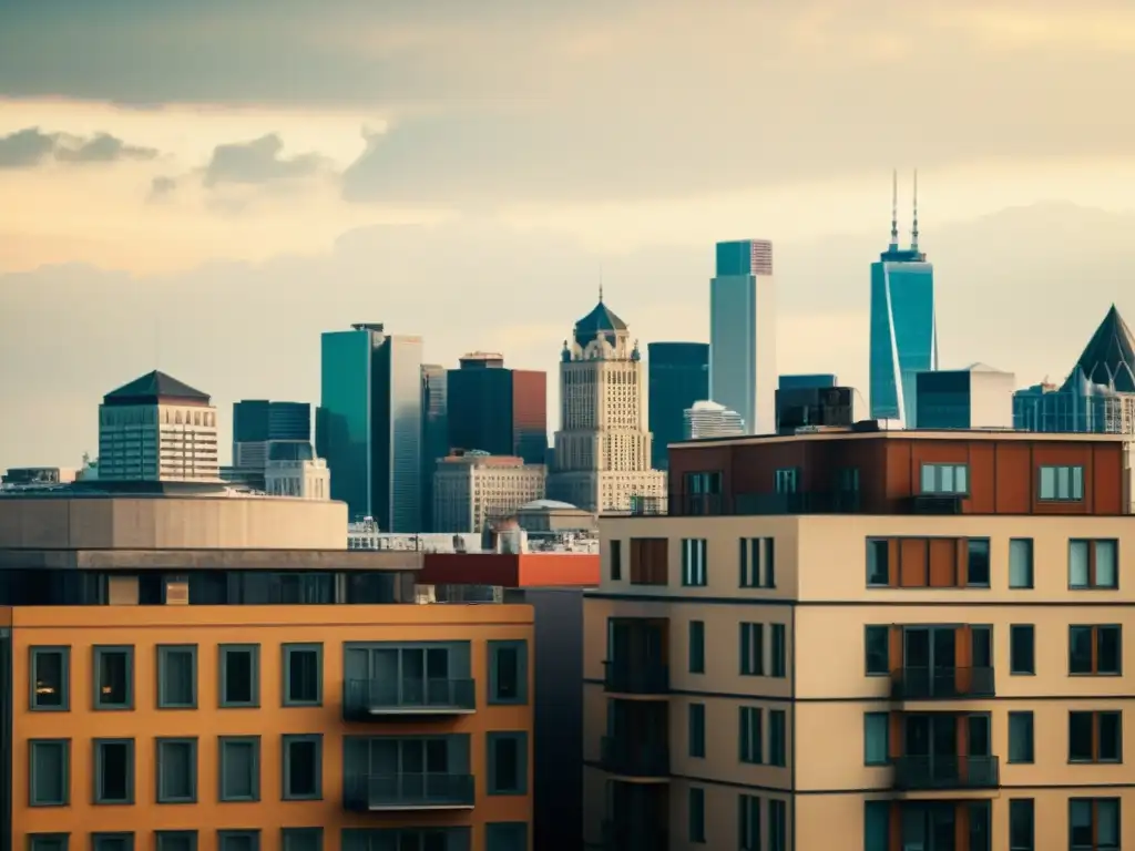 Fotografía vintage de skyline urbano, fusionando movimientos artísticos en arquitectura