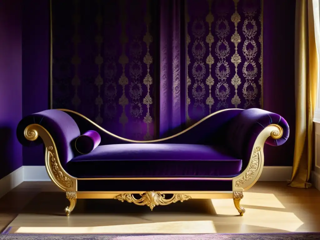 Un sofá chaise lounge vintage de terciopelo púrpura en una habitación lujosa y soleada con muebles ornamentados y papel tapiz intrincado