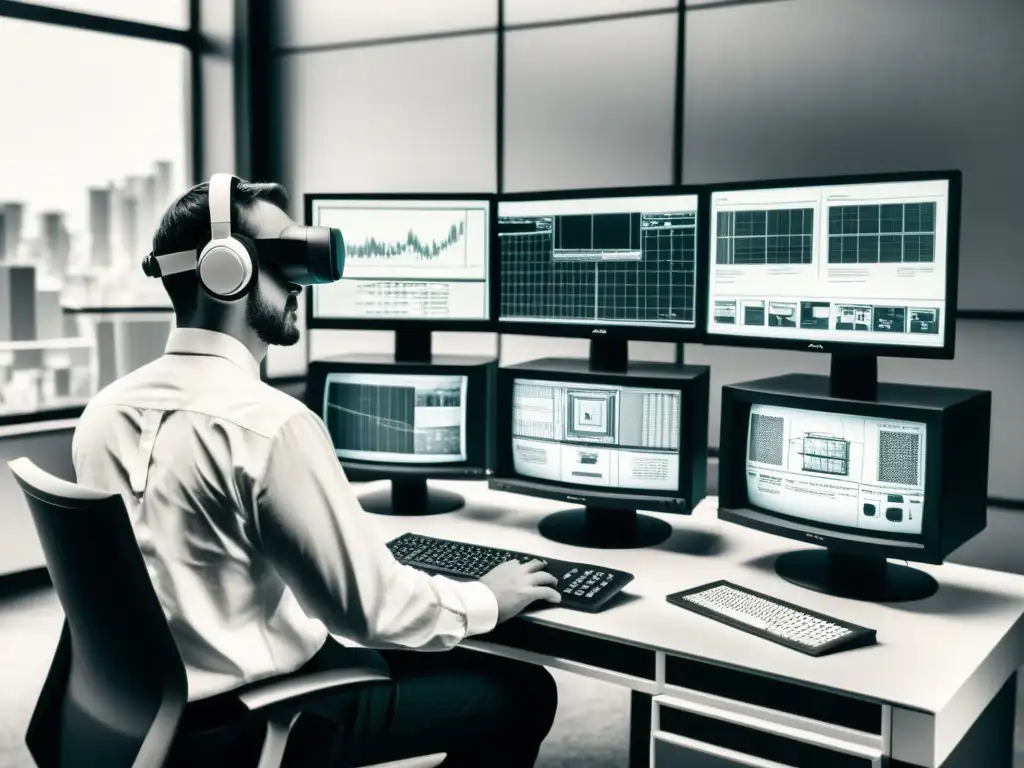 Transformación software arquitectónico: de AutoCAD a realidad virtual Evolución del software de diseño arquitectónico: desde monitores antiguos hasta realidad virtual, simbolizando avances en la industria
