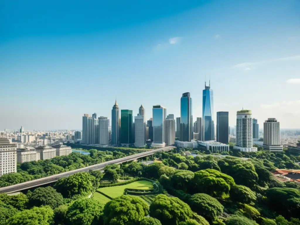 Sostenibilidad en megaconstrucciones urbanas: Fotografía en blanco y negro de una bulliciosa ciudad entre naturaleza exuberante y cielos azules