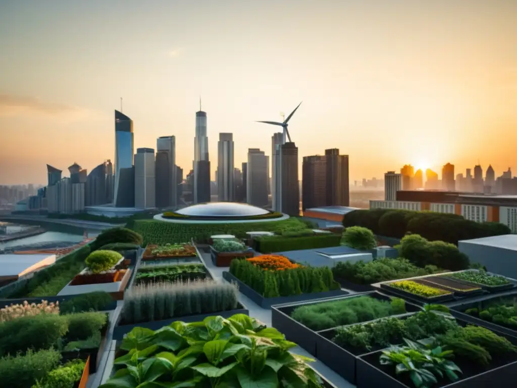 Sostenibilidad en megaconstrucciones urbanas: Una ciudad bulliciosa con un impresionante megaedificio sostenible en el horizonte al atardecer