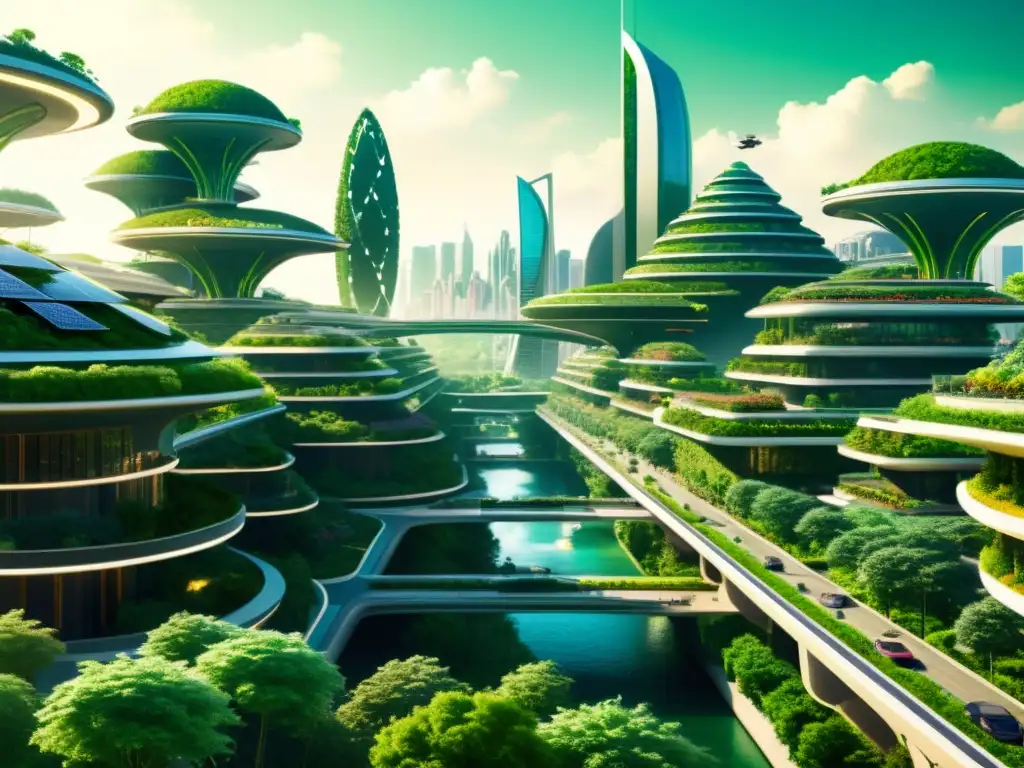 Sostenibilidad en megaconstrucciones urbanas: Ilustración vintage de una ciudad futurista con megaestructuras sostenibles y exuberante vegetación