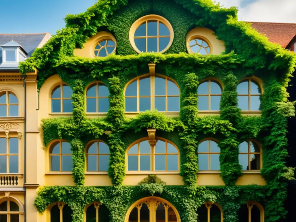 Edificio histórico: Impacto eterno de BREEAM en la construcción sostenible Certificación BREEAM en construcción sostenible: Fotografía vintage de un edificio histórico con detalles arquitectónicos impresionantes y una fachada ornamentada adornada con vegetación exuberante