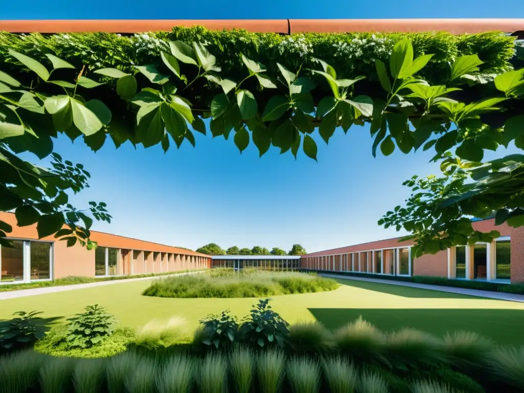 Diseño sostenible escuela primaria Roskilde integrado con armonía en entorno natural, resaltando detalles en un cielo azul claro