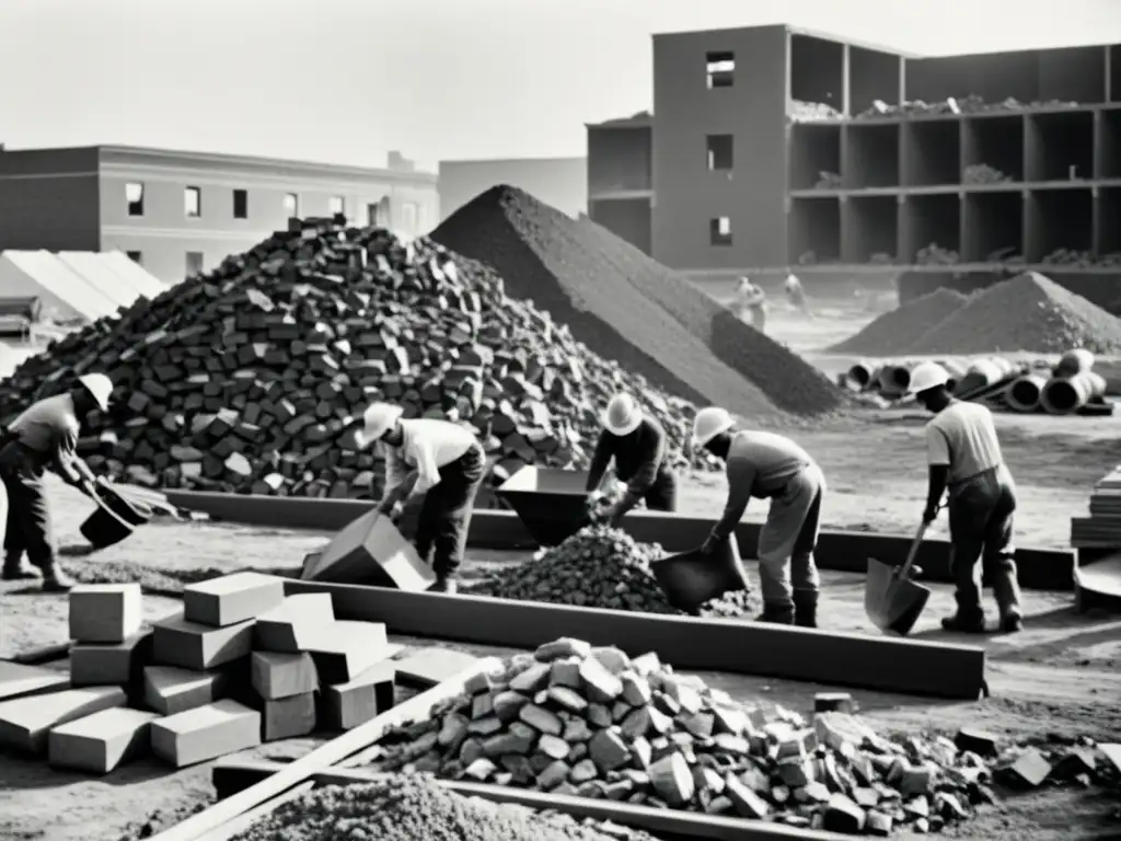 Supervisor y trabajadores gestionan residuos de obra para reducir impacto ambiental en una construcción tradicional