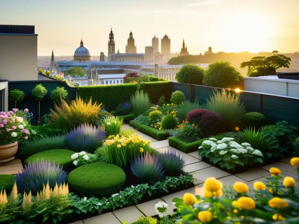 Jardín de techo verde con arquitectura sostenible, oasis de bienestar en la ciudad