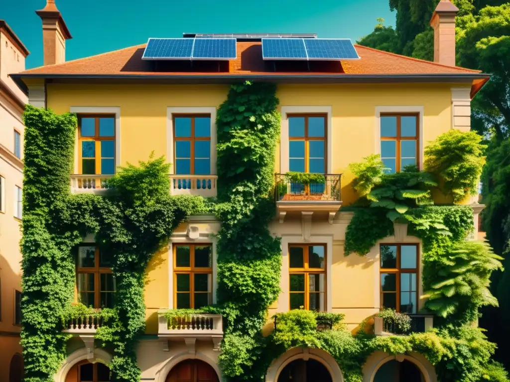 Tecnologías verdes en arquitectura histórica: Edificio histórico con detalles arquitectónicos y vegetación exuberante, bañado por la luz del sol