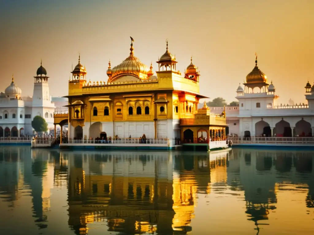 El templo dorado de Amritsar brilla bajo la luz cálida, con devotos acercándose, capturando su influencia arquitectónica