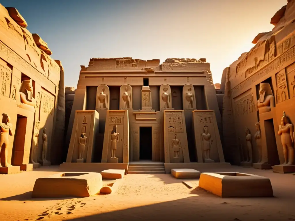 Templo egipcio iluminado por el atardecer, destacando técnicas de aprovechamiento de luz histórica