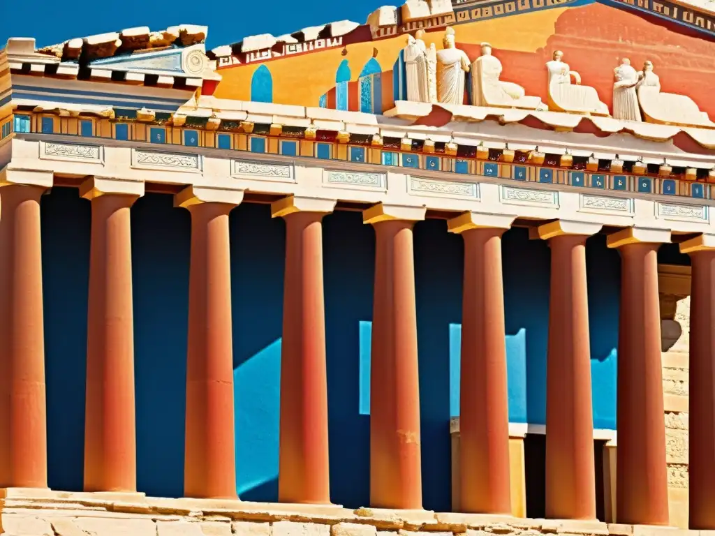 Un templo griego con frescos coloridos destaca el uso del color en arquitectura clásica, resaltando detalles en sombras