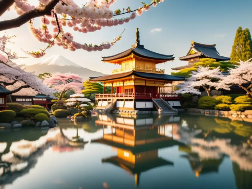 Templo japonés antiguo rodeado de cerezos en flor y un estanque, capturando la belleza atemporal de la arquitectura japonesa