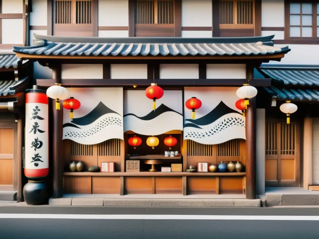 Una tienda japonesa tradicional con simbolismo en su arquitectura comercial, destacando noren y motivos auspiciosos