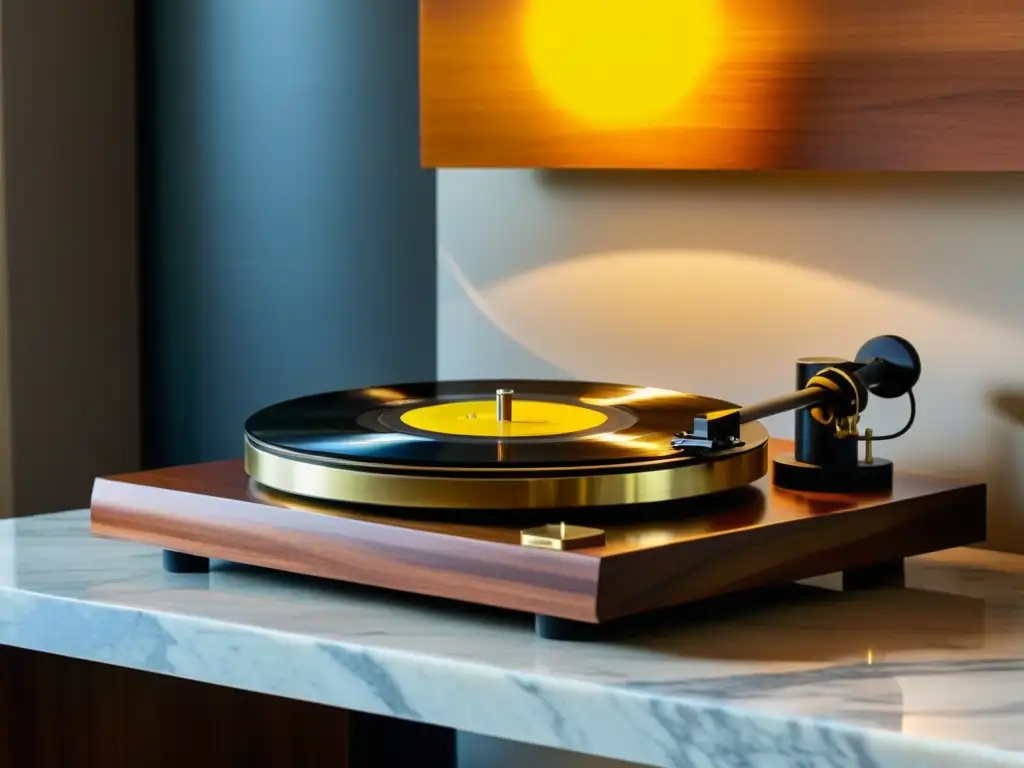 Un tocadiscos vintage con acabado en madera elegante descansa sobre una base de mármol pulido, rodeado de discos de vinilo de los años 70