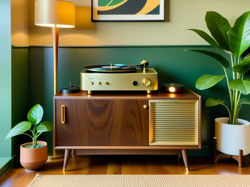 Un tocadiscos vintage con acabado de madera y detalles dorados reposa en una mesa auxiliar moderna, rodeado de plantas y una cálida luz de lámpara