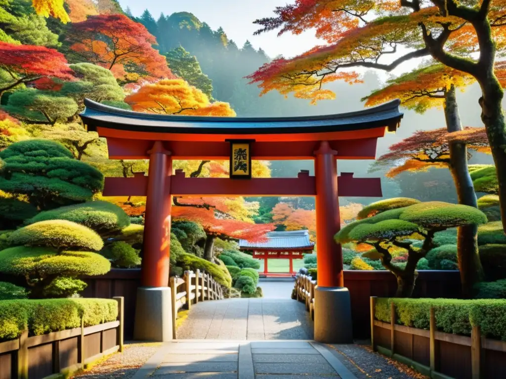 Un torii japonés antiguo en medio del follaje otoñal