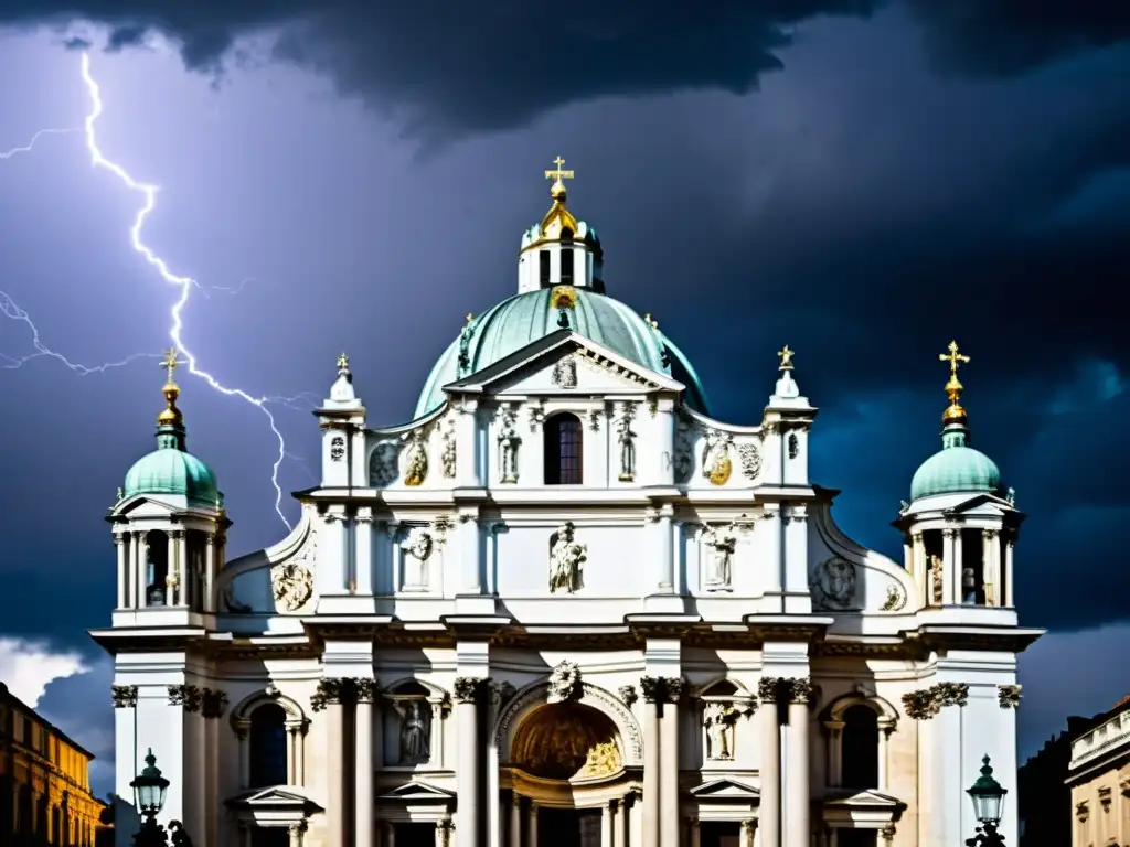 Tormenta sobre la catedral europea, destacando la transición del manierismo al barroco