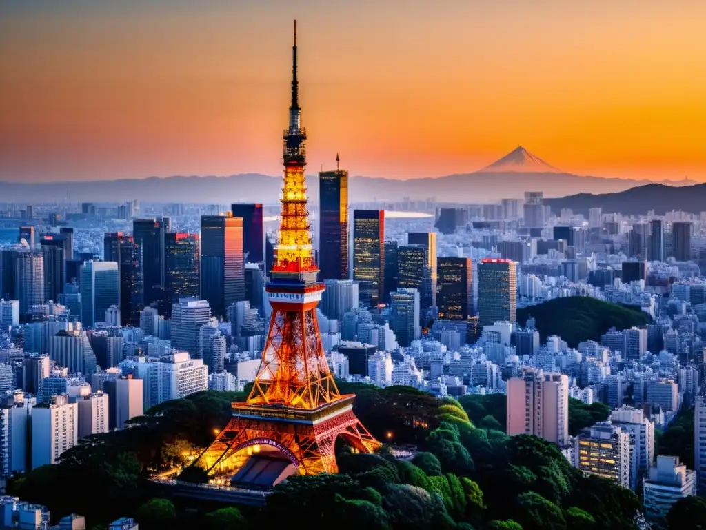 La Torre de Tokio se alza sobre el horizonte urbano al atardecer, destacando su influencia en la arquitectura moderna