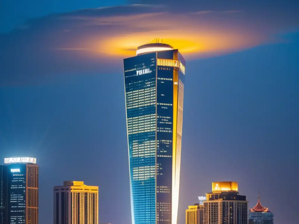 La torre Pearl River iluminada de noche, destaca su diseño energéticamente eficiente con luces LED estratégicamente ubicadas