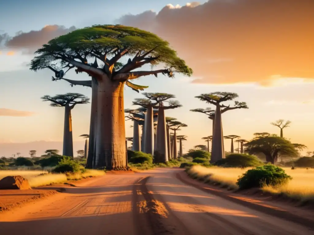 Tour arquitectónico por Madagascar: atardecer dorado sobre la icónica Avenida de los Baobabs, con árboles milenarios y sombras dramáticas