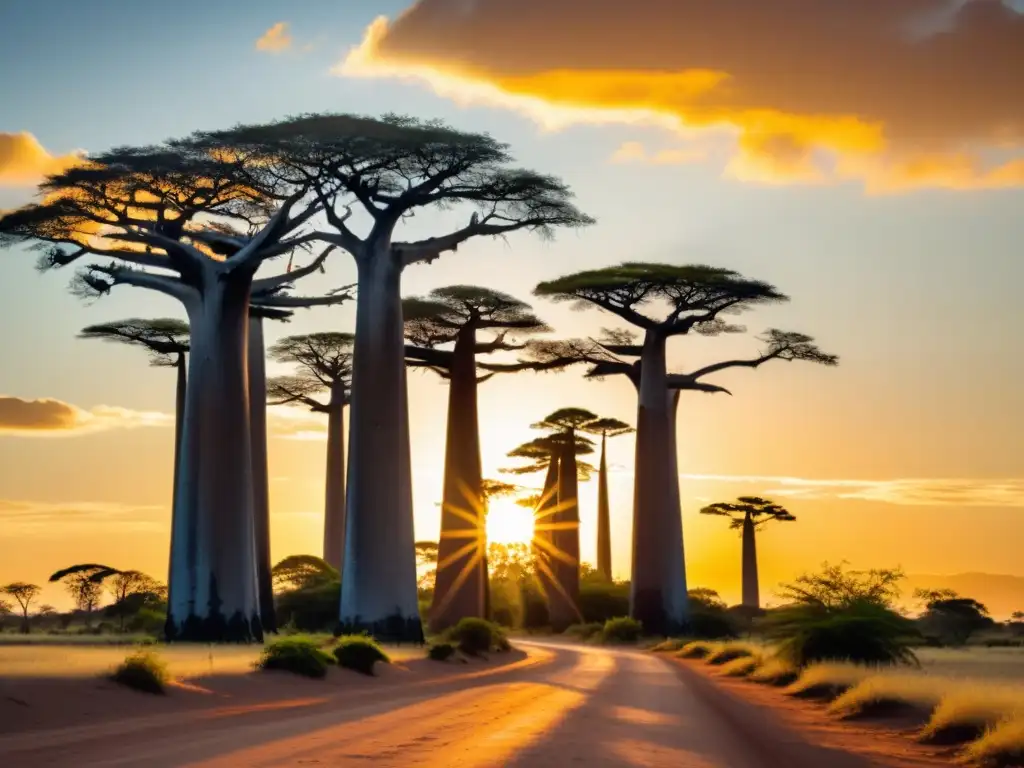 Tour arquitectónico por Madagascar: Atardecer dorado en la Avenida de los Baobabs, con sus imponentes siluetas destacando la belleza natural