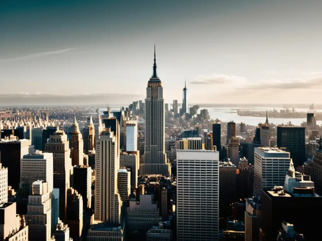 Tour arquitectónico rascacielos Nueva York: Fotografía vintage del icónico Empire State Building, capturando su grandiosidad y elegancia atemporal