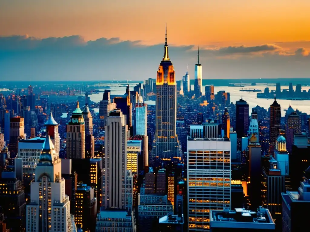 Tour arquitectónico rascacielos Nueva York al atardecer, con la icónica silueta urbana y cálidos tonos dorados en el cielo