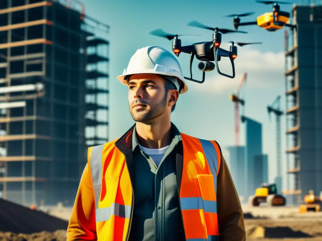 Un trabajador de la construcción con casco inteligente en un sitio moderno, rodeado de tecnología avanzada