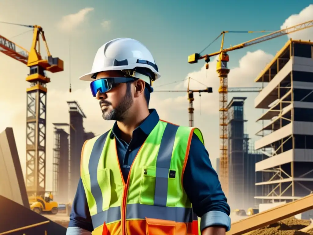 Un trabajador de la construcción con tecnología vestible, como un casco inteligente o gafas de realidad aumentada, en un sitio de construcción