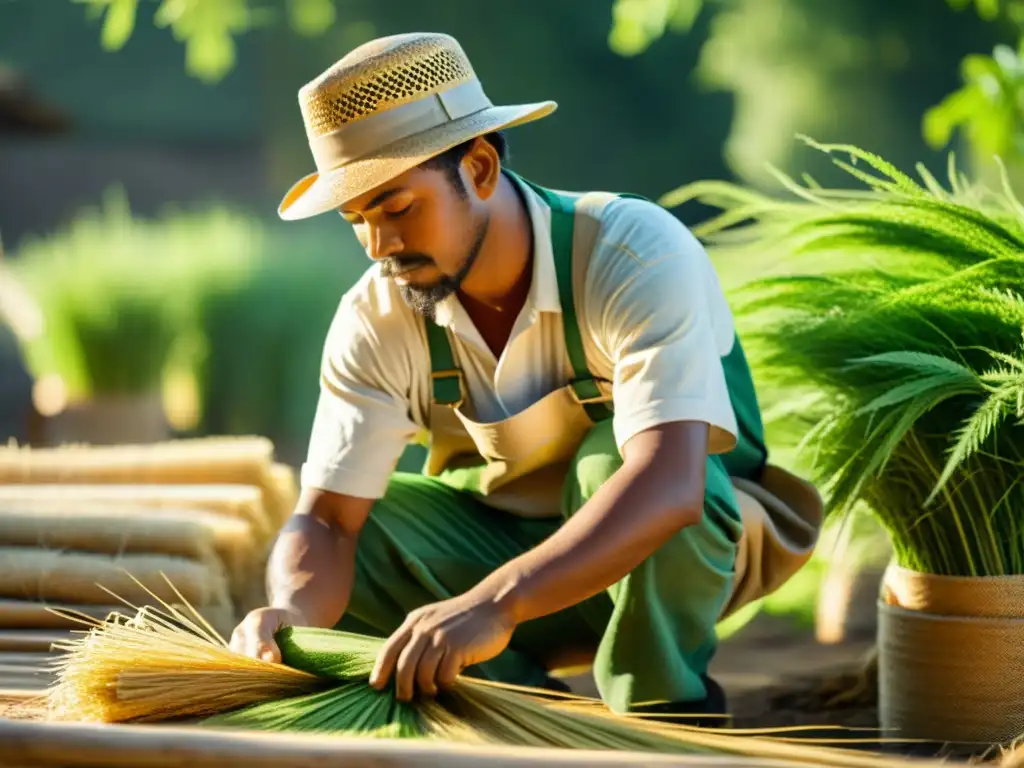 Un trabajador teje fibras vegetales bajo la cálida luz del sol