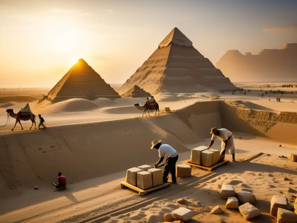 Trabajadores antiguos en Egipto extrayendo bloques de piedra con métodos de edificación primitivos, con la pirámide de Giza al fondo