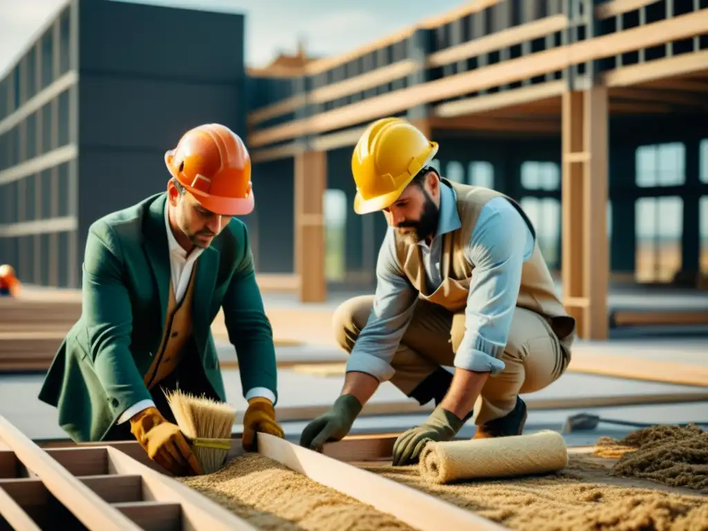 Trabajadores integrando fibras vegetales en la construcción, reflejando innovación en materiales ecoamigables