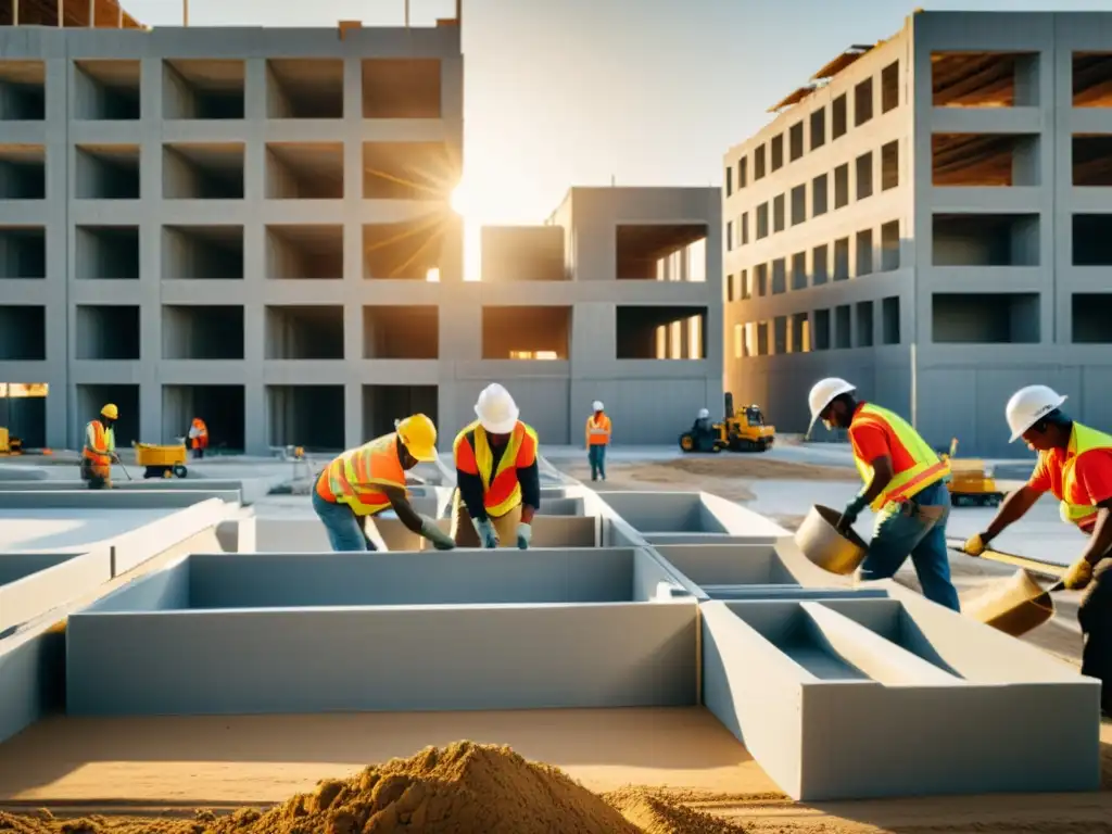 Trabajadores vertiendo hormigón celular en un sitio de construcción, con arquitectura sostenible al fondo en una cálida luz dorada