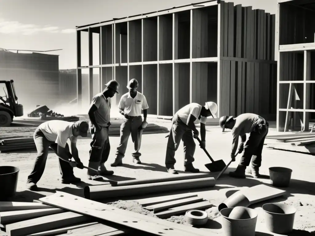 Trabajadores reciclando materiales en la construcción, en una imagen nostálgica y atemporal