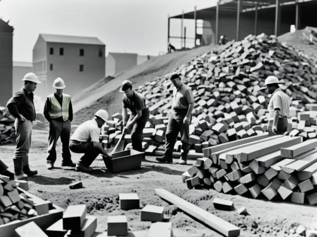 Trabajadores reciclando materiales en la construcción: separando ladrillos, madera y metal en un sitio de construcción, reflejando sostenibilidad