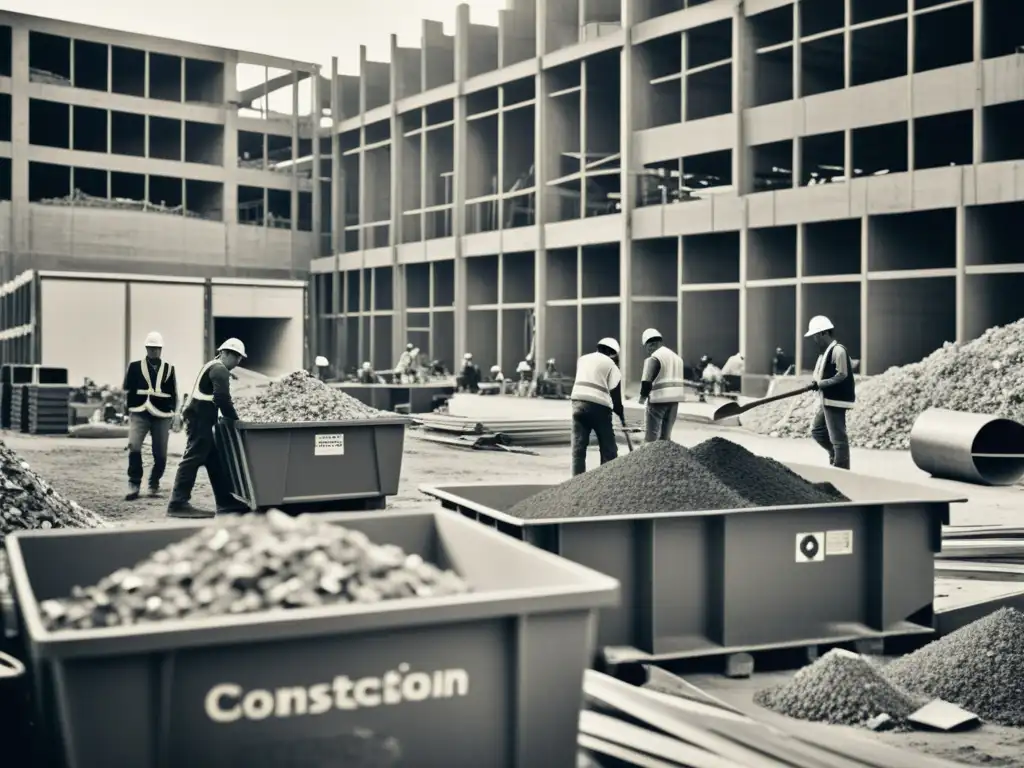 Trabajadores reciclando materiales en la construcción, mostrando el proceso de reutilización con detalles y estética vintage