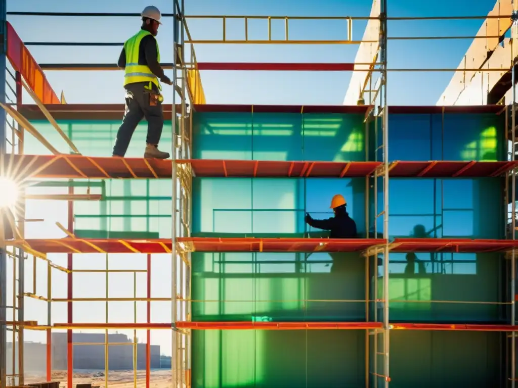 Trabajadores incorporan plásticos recuperados en construcción moderna, con impactante contraste de colores y sombras dramáticas