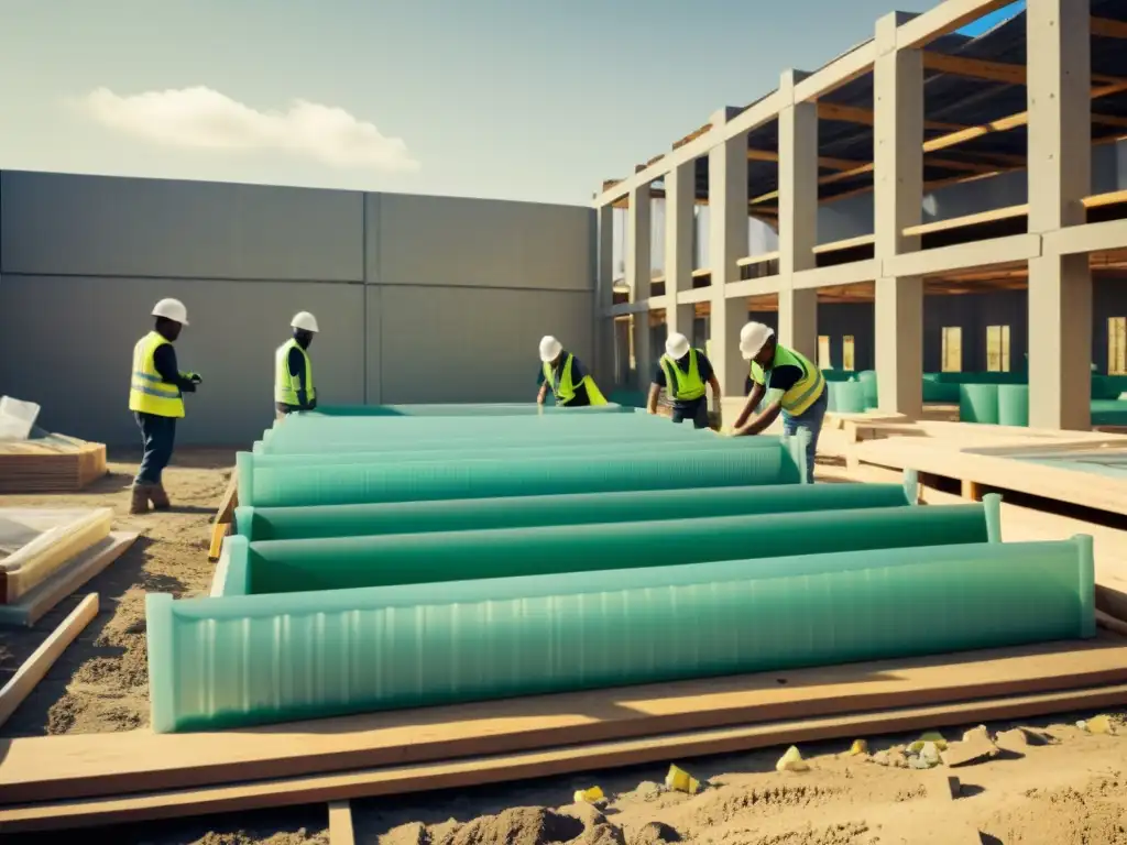 Trabajadores usando plásticos recuperados en construcción moderna, evocando nostalgia y sostenibilidad