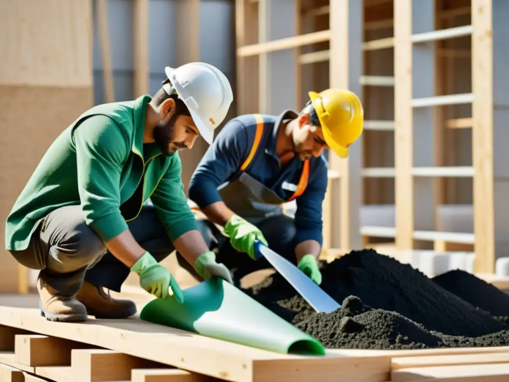 Trabajadores usando plásticos recuperados en construcción moderna, fusionando métodos tradicionales con materiales ecoamigables