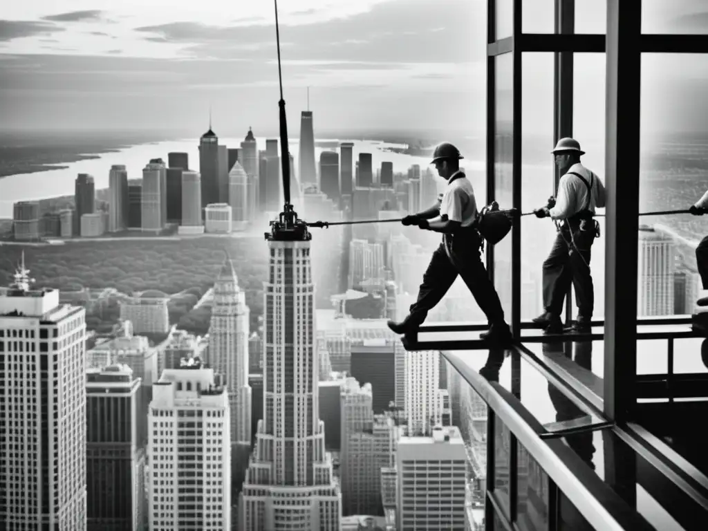 Trabajadores en rascacielos limpiando ventanas en blanco y negro, evocando la vida cotidiana en rascacielos