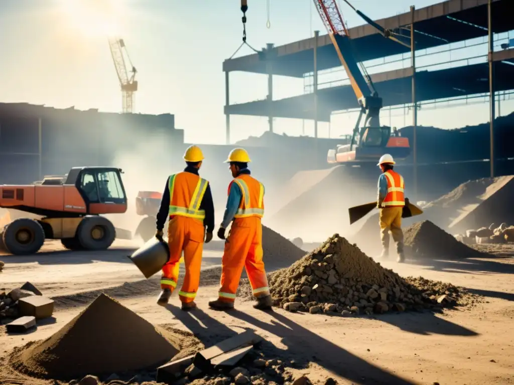 Trabajadores en un sitio de construcción clasificando escombros