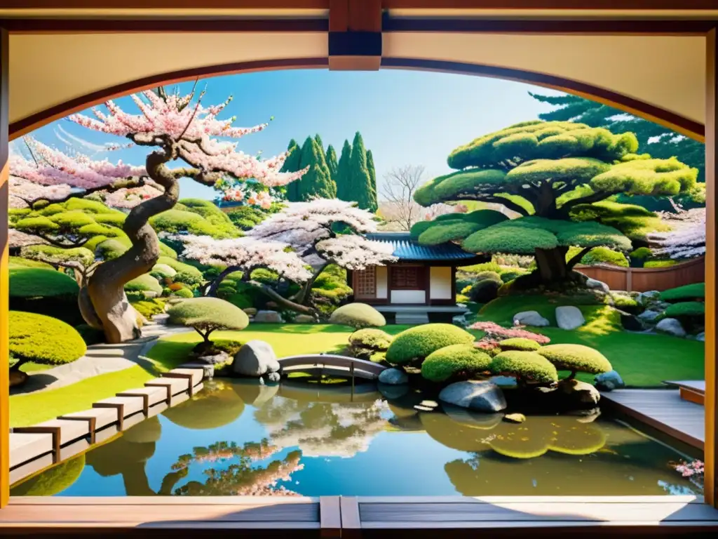 Un jardín japonés tradicional con bonsáis, cerezos en flor, estanque de peces koi, puente de madera y casa de té