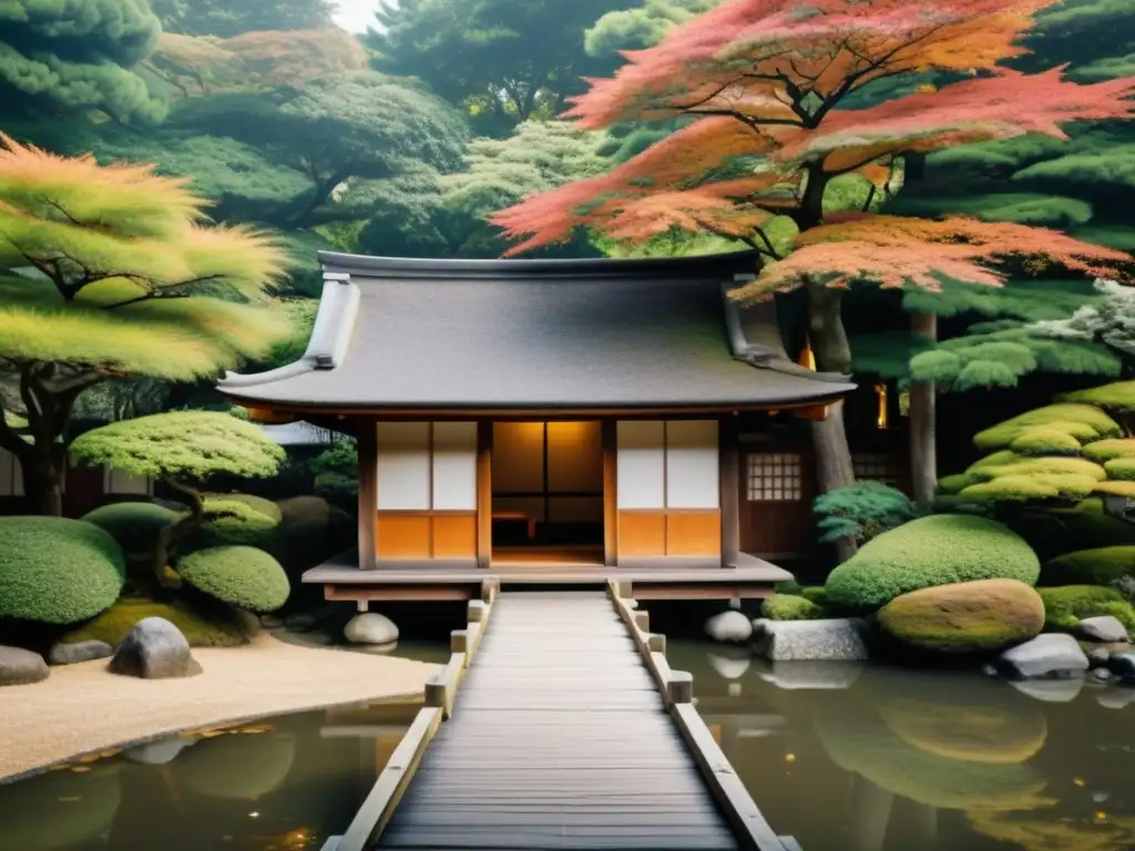 Tradicional casa de té japonesa en jardín sereno con filosofía del espacio arquitectura japonesa